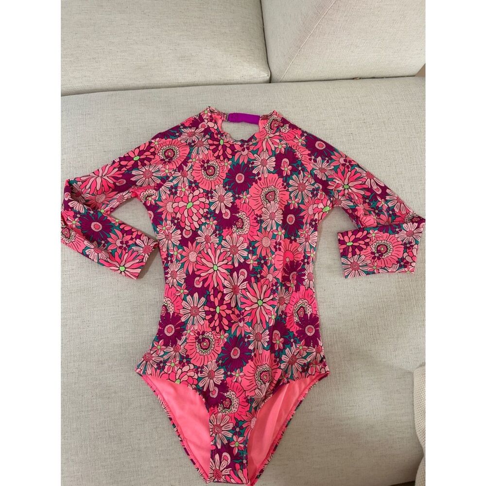BEACH LINGO Girls' Long Sleeve Rash One Piece Swimsuit Pinks/Purple Size 14 NWOT